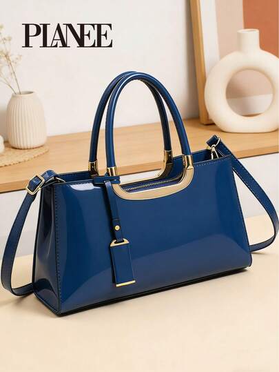 PLANEE Glossy Blue Structured Tote Bag For Women – Gold Frame Handle, Detachable Crossbody Strap, Elegant Work & Evening Handbag
