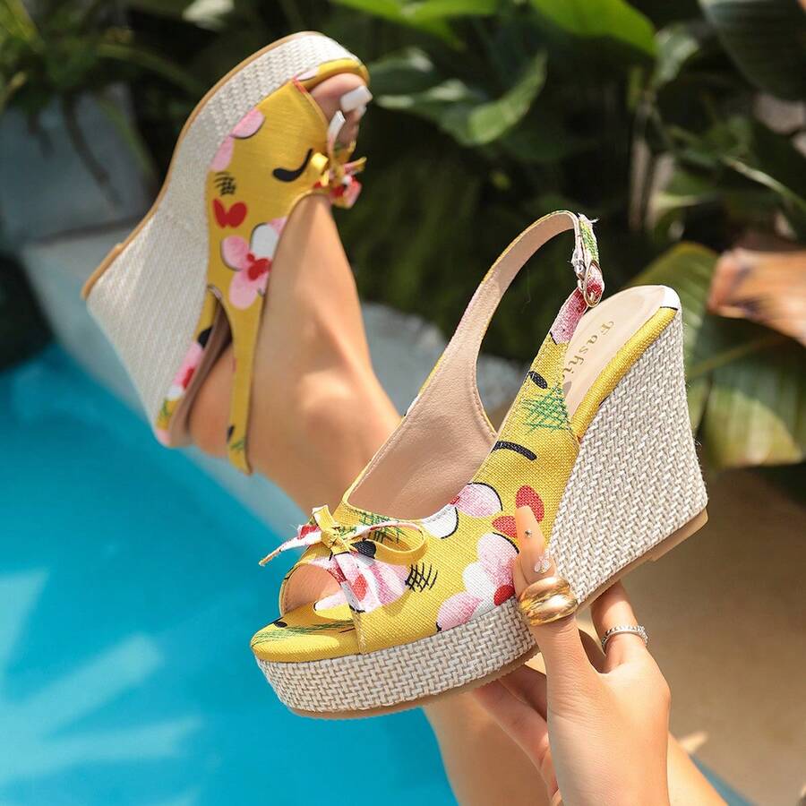 高跟水钻凉鞋，女士坡跟户外派对凉鞋，时尚性感搭扣亮片露趾凉鞋 - 橘色 - 查看 1