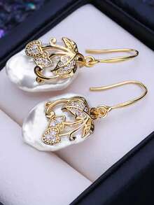 1 Pair Women's Sparkling Cubic Zirconia Faux Pearl Pendant Earrings, Valentine's Day Gift - Yellow Gold - View 5