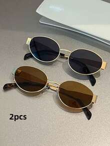 2pcs Metal Frame Oval Retro Fashion Glasses, Stylish Design Suitable For Women's Daily Wear, Travel, Beach, Campus - Multicolor - View 7