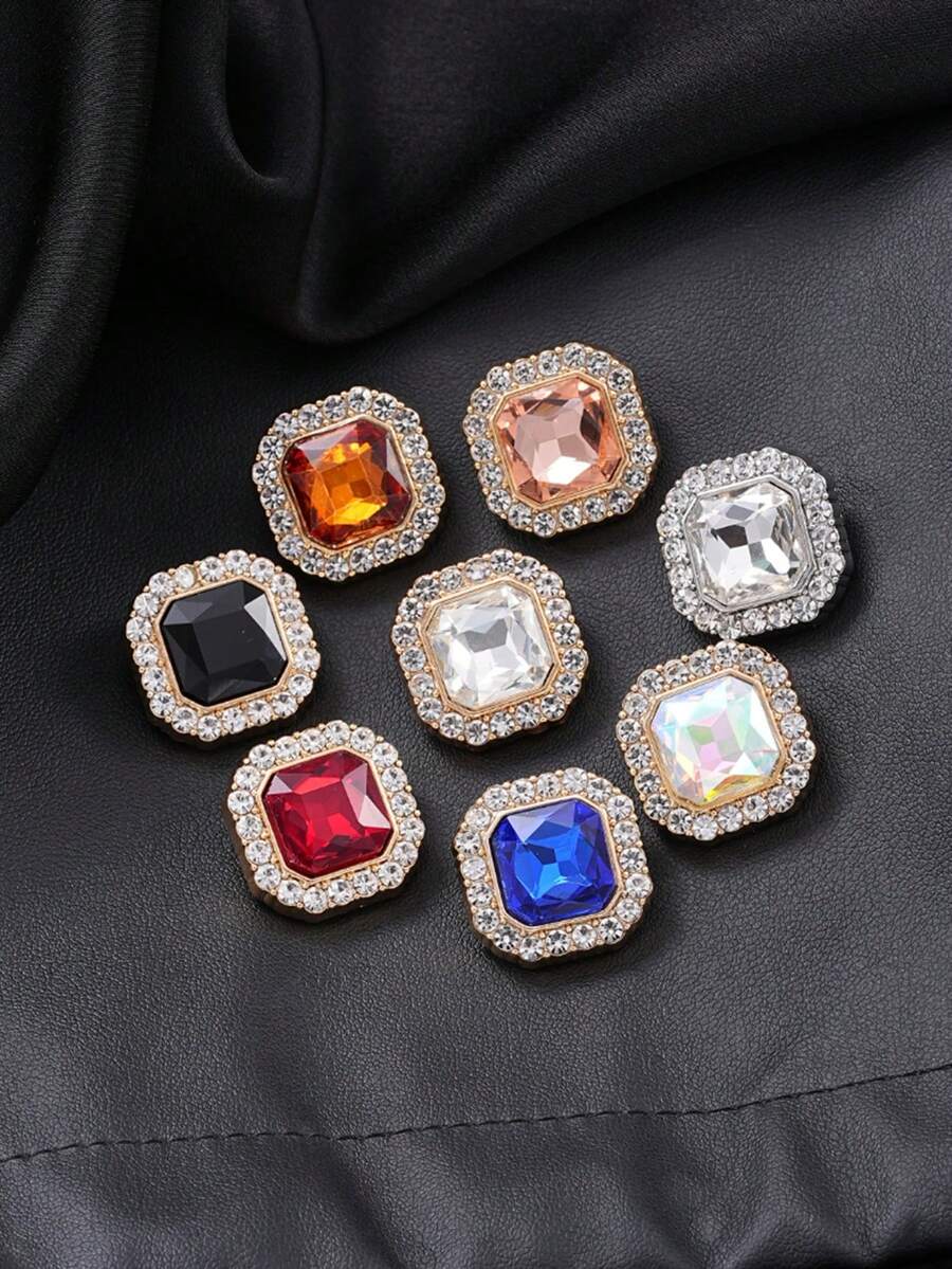 7pcs Colorful Square Synthetic Gemstone & Glass Metal Buttons, Suitable For Women's Jackets, Sweaters, Furs, Uniforms, Elegant Decorative Buttons, DIY Bag & Jewelry Accessories