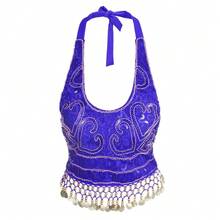 Halter Neck Sequin Embroidered Metal Disc Tassel Fringe Crop Top Belly Dance Performance Costume Party Festival Wear (Multiple Colors Available) - 彩色 - 查看 21