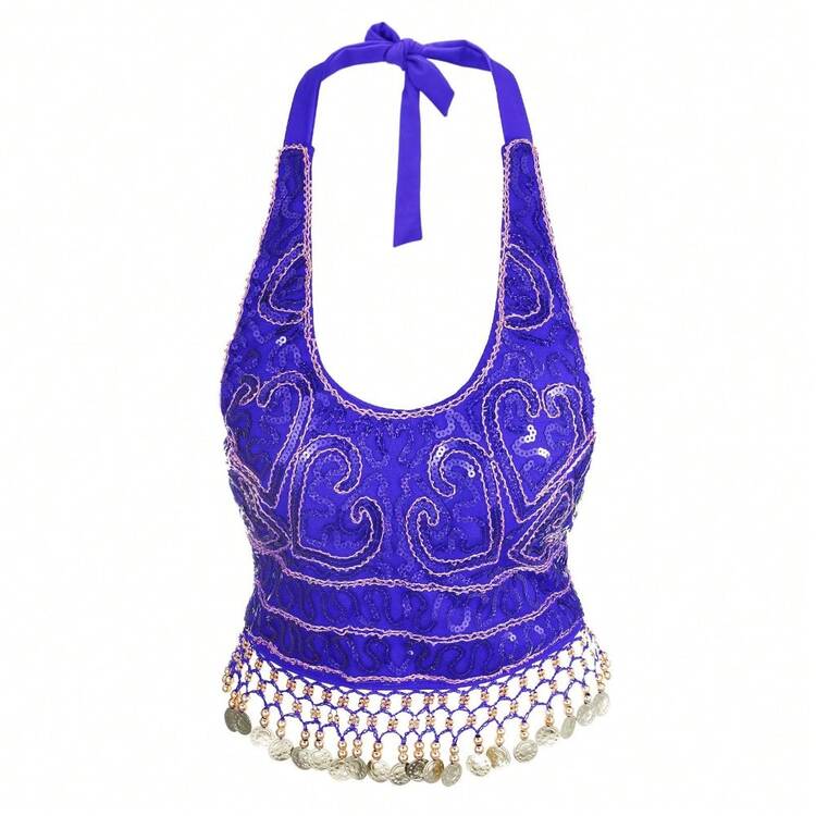 Halter Neck Sequin Embroidered Metal Disc Tassel Fringe Crop Top Belly Dance Performance Costume Party Festival Wear (Multiple Colors Available) - 彩色 - 查看 21
