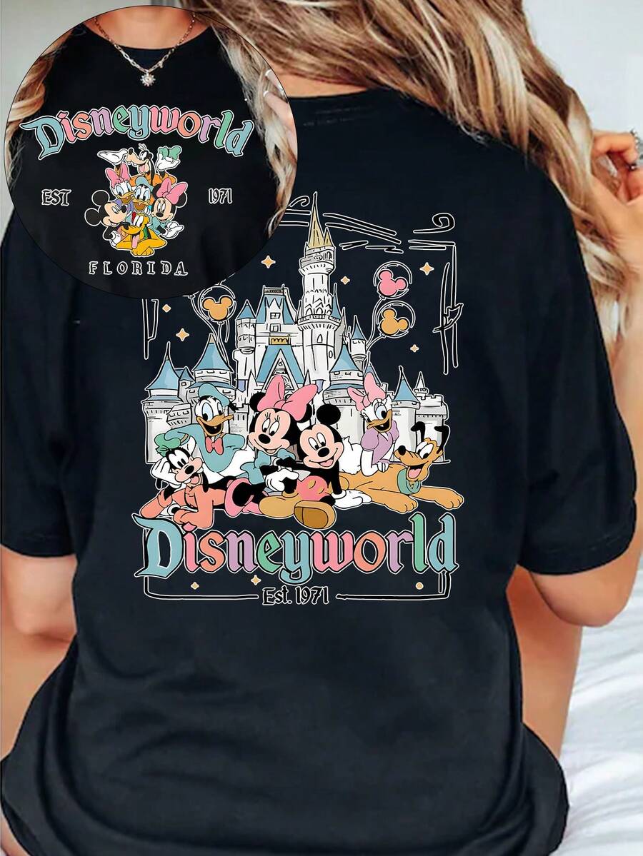 T-shirt d'été Disney Mickey et Minnie pour homme, motif familial amusant, finition vieillie, coupe une pièce, pur coton, confortable et respirant, style streetwear décontracté, col rond ; marque de mode de haute qualité, cadeau surprise idéal pour la famille et les amis, ou cadeau de voyage. - Noir - Voir 1