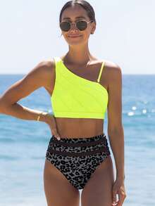 popvil Women's Colorblock One-Shoulder Bikini Set, Suitable For Summer Vacation And Beach Wear - Green - View 5
