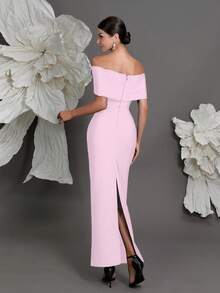 Off-Shoulder Knit Bandage Bodycon Dress, European And American Luxury Slim Fit Pencil Skirt, Suitable For Family Gatherings, Parties, And Evening Galas - Pink - View 6