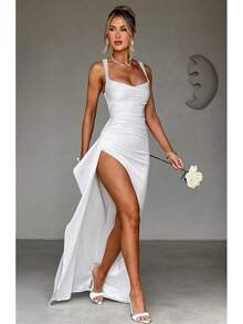 Women's 2026 Satin Silk Spaghetti Straps Slit Bridesmaid Dress, Formal Evening Prom Dress - 黃色 - 查看 5