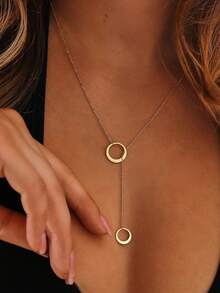 1pc 18K Gold Plated Stainless Steel Elegant Lariat Necklace, Delicate Gold Circle And Bar Lariat Necklace, Chic Y-Shaped Necklace, Modern Circle Design Necklace, Minimalist Style Women's Gift, Fashion Jewelry Gift For Her - Gold - View 5