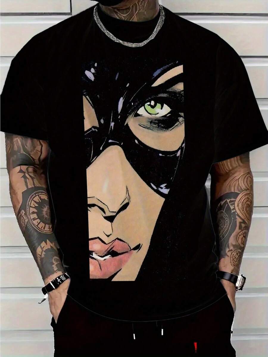 Warner Bros Camiseta deportiva de manga corta informal y cómoda para uso diario, con estampado elegante y moderno de temática Catwoman. - Negro - Ver 1