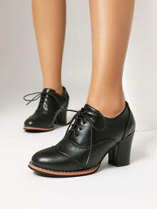 Classic Round Toe Lace-Up Block Heel Pumps, Casual Preppy Style Canvas Brogues, Versatile For Outdoor Wear, Spring Autumn - Black - View 6