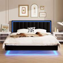 Floating Bed Frame With LED Light, Upholstered Platform Bed With PU Leather, Noise-Free, Easy Assembly, Full/ Queen/ King, Black/ White ( USB LED Strip) - 黑色 - 查看 10