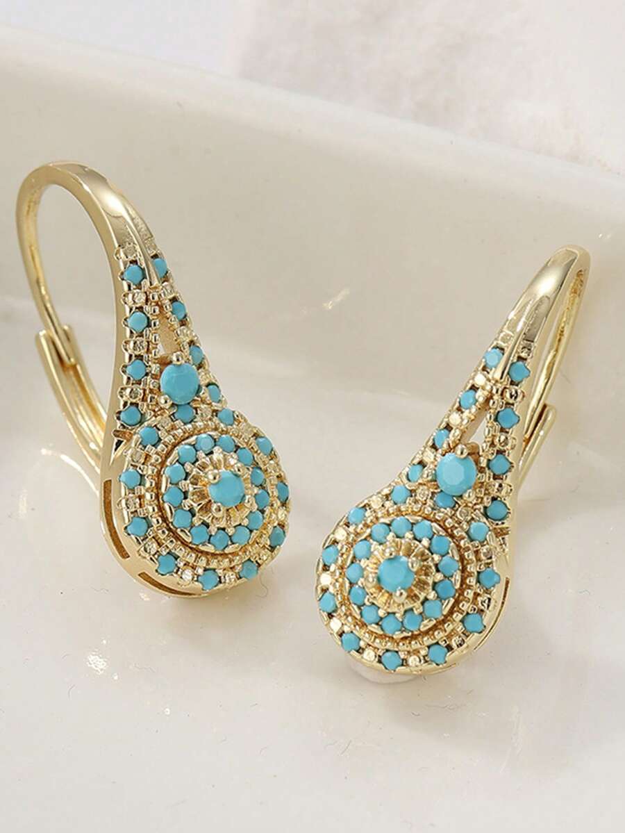 1/2/3 Pairs Elegant Turquoise Teardrop Earrings, Gold-Tone Statement Drop Earrings, Luxury Jewelry For Women, Daily Wear, Party & Valentine Gift - Imitation Turquoise Earrings - View 1