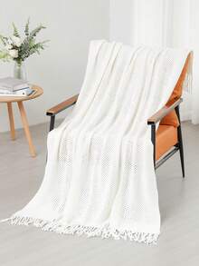 1pc Knitted Throw Blanket, Casual Nap Blanket With Tassels For Bed, Living Room, Sofa, Chair - White Mesh Scarf - View 4