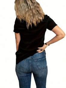T-shirt da donna in 100% cotone a maniche corte, con stampa solare, per primavera/estate - nero - Visualizzare 2