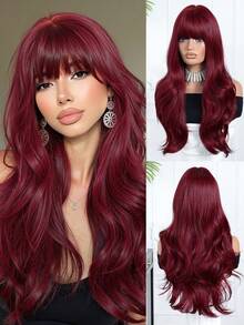 Tóc giả dài 24 inch màu đỏ tía, xoăn nhẹ, có mái, thời trang hàng ngày, dự tiệc, cosplay, đi nghỉ mát, họp mặt gia đình, quà tặng Ngày của Mẹ, quà tặng Eid, quà tặng mùa tựu trường. - Màu Đỏ Sâu - Xem 3