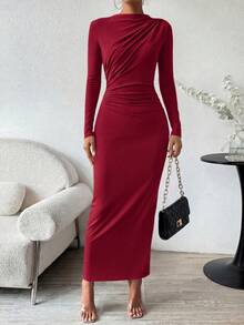 Women Spring Long Sleeve Ribbed Knit Back Slit Ruched Bodycon Maxi Dress Elegant Party Cocktail Formal Spring Fall Wedding Guest Evening Valentine Long Dress Outfit - 酒紅色 - 查看 5