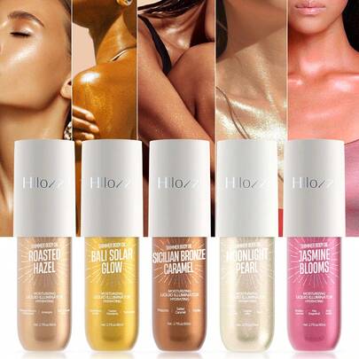 HLLOZZI Aceite iluminador natural para Body y rostro de 80ml, de textura ligera y no grasosa. Disponible en 5 opciones de color. Iluminador líquido multiusos para rostro, Body y cabello. Realza los contornos faciales y corporales para un aspecto esculpido. Adecuado para fiestas, festivales, bodas, carnavales y talla grande.