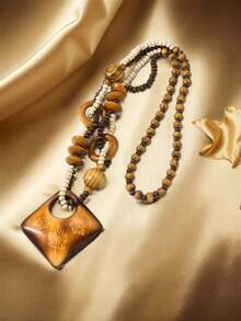 1pc Set Beaded Rice Shaped Chain Square Printed Pendant Fashionable Retro Vacation Style Women Necklace - 珠 - 查看 2
