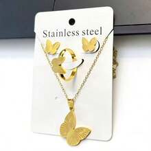 1 Set Stainless Steel Butterfly Jewelry Set, Heart Shaped Design, Classic Fashion, Earrings + Necklace + Ring, Mother's Day/Birthday/Valentine's Day Gift - Gold - View 8
