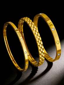 1件/3件装极简不锈钢链手链/四叶花水钻设计金色手镯，男士奢华日常商务休闲叠戴配饰，情人节专属礼物 - 金色 - 查看 11