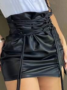 High-Waisted Drawstring Leather Skirt 2026 New Spring/Summer Women's Fashion Casual Solid Color Tie-Detail Design Zipper Style Slightly Stretch Bodycon Skirt Half-Length Skirt Short Skirt - 黑色 - 查看 4