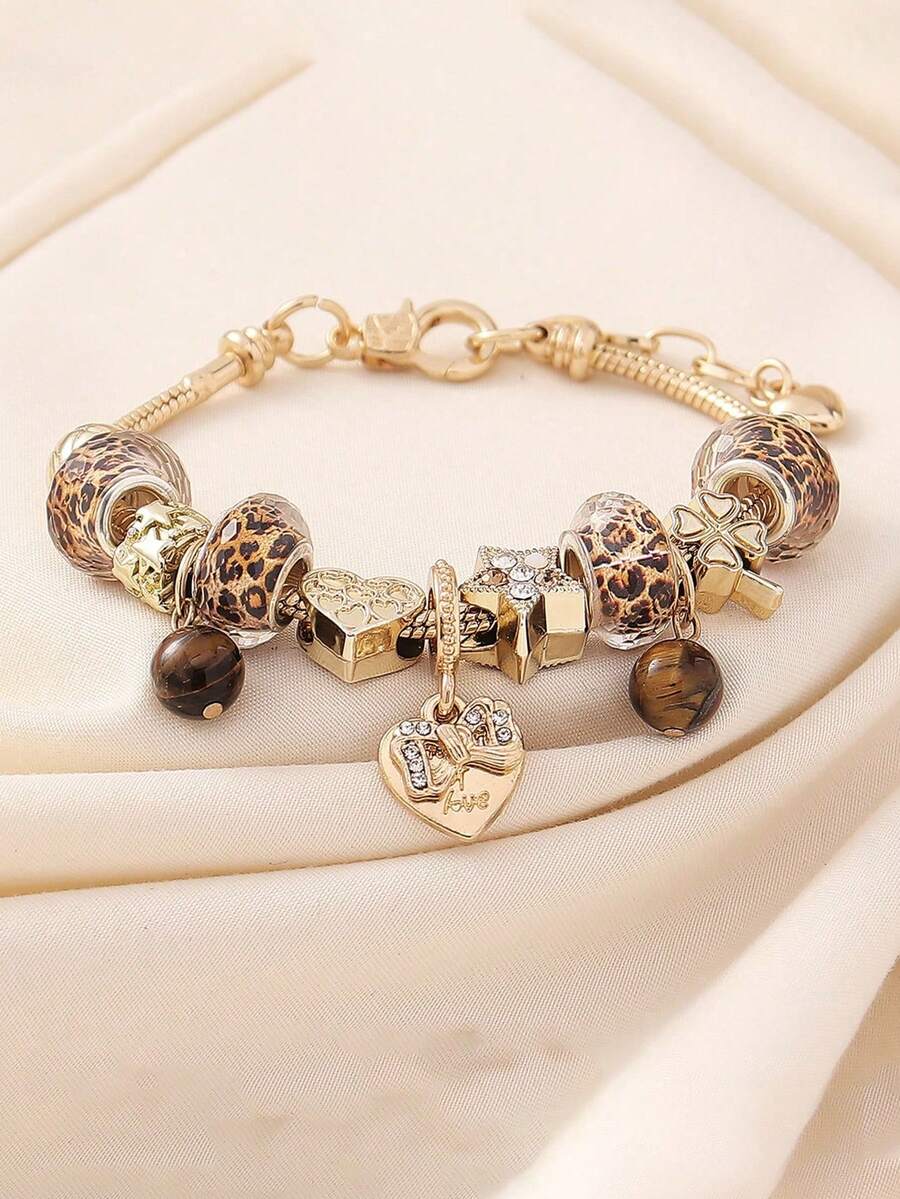 1Pc Leopard Print Butterfly Pendant Bracelet, 1 Butterfly Heart Bracelet, Fashionable Leopard Print DIY Bracelet, 1 Zirconia Star Music Festival Bracelet - Leopard Print Heart Butterfly - 查看 1