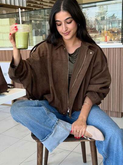 Áo khoác bomber nữ thanh lịch, màu trơn, cổ ve lật, kiểu retro, có khóa kéo, chất liệu da lộn, phong cách đường phố.