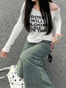 字母印花斜肩领长袖休闲修身女式T恤，春夏秋季款 - 白色 - 查看 6