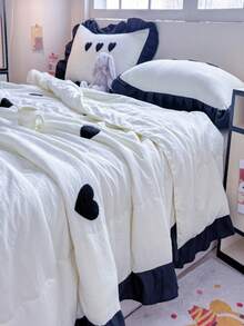3pcs Heart Embroidery Bedding Set, Quilted Blanket And Pillowcase Coverlet - White - View 4