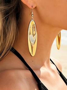 1 Pair Retro Minimalist Metal Smooth Oval Shaped Long Earrings, Suitable For Summer Beach, Party, Casual Daily Wear - Yellow Gold - View 1