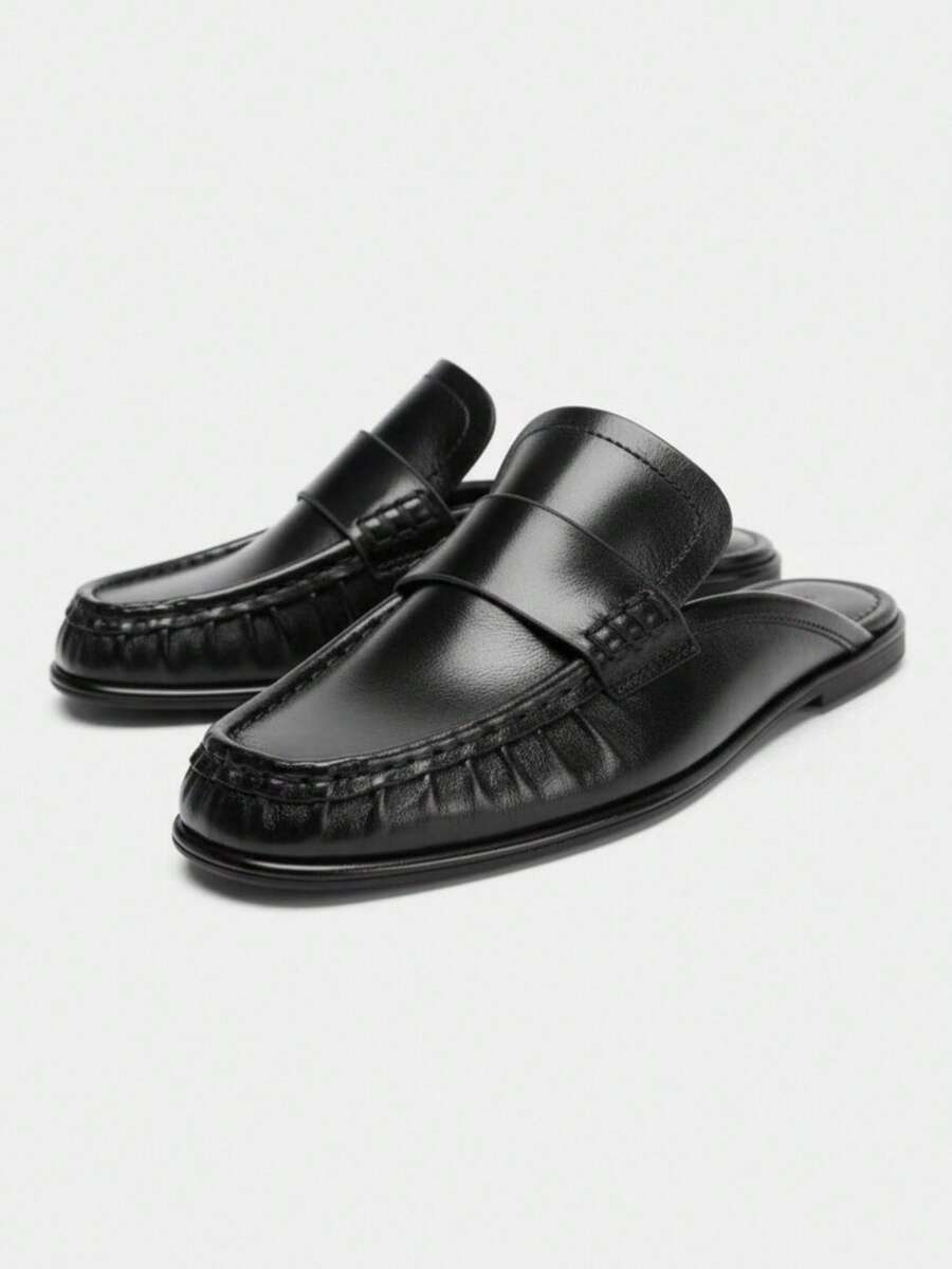 2026 Spring/Summer New Women Shoes, Leather Pleated Open-Heel Loafers Round Toe - Black - View 1