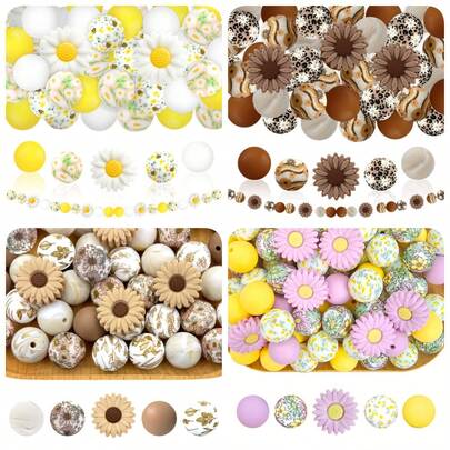 25pcs Silicone Sunflower & Bee Printed Colorful Round Beads, Suitable For Jewelry Making, Earrings, Necklaces, Pens, Makeup Brushes DIY, Great For Holiday Gifts Like Birthday, Back To School, Halloween, Thanksgiving, Christmas