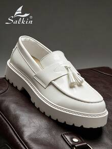 Salkin 简约设计师男士乐福鞋，便捷的套脚休闲鞋，厚底增高鞋，亮白色皮革，柔软纯色正装鞋，现代生活平价奢华之选，柔软舒适的圆头正式皮鞋，优雅绅士商务橡胶底日常步行鞋，适合情侣、外出、公园、派对、婚礼等场合，时尚新郎鞋，社交场合礼品，四季皆宜。尺码偏小，建议选购大一码。 - 白色 - 查看 6