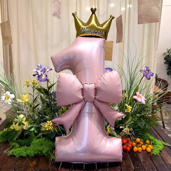 Large Number 1 Balloons With Crown & Bow - Princess & Birthday Decorations For Birthday Party Celebration, Numbered Balloon Arch Or Photo Backdrop
