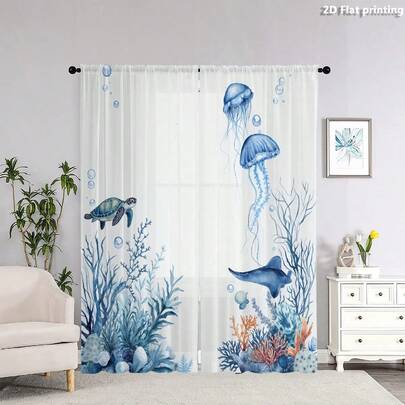 2 件装 2D 平面印花薄纱窗帘，饰有水彩海洋生物图案，包括蓝色水母、海龟、鳐鱼和彩色珊瑚，营造清新海洋风格，适合客厅、卧室和阳台。