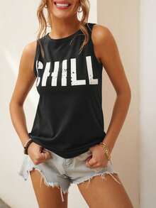 Áo tank top nữ không tay cổ tròn in chữ, kiểu dáng thường ngày, màu đen, thích hợp cho mùa xuân/hè. - màu đen - Xem 2