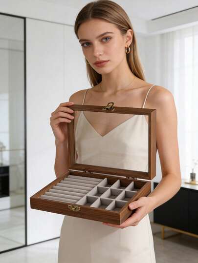1pc Large Wooden Jewelry Box With Transparent Lid, Jewelry Display Case, Lockable Jewelry Store Display Box, High Capacity Jewelry Tray, Walnut Grain Velvet Jewelry Organizer With Multiple Compartments