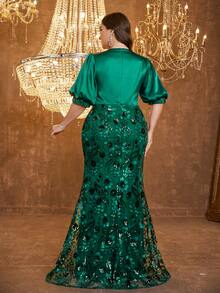 [Random Print] UNITHORSE Plus Women's V-Neck Lantern Sleeve Sequin Patchwork Satin Slim-Fitting Temperament Evening Dress - Dark Green - View 2