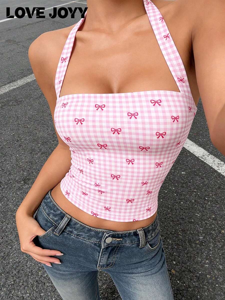 LOVE JOYY 女士 Y2K 粉白格纹吊带背心，蝴蝶结图案修身短款上衣，夏季甜美性感风日常穿搭 - 彩色 - 查看 1