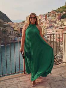 Astrid Robe d'été élégante ample et plissée sans manches pour femmes grandes tailles - Vert - Voir 2