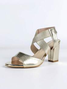 Women's Fashion Versatile Open Toe Chunky Heel Sandals - Gold - View 8
