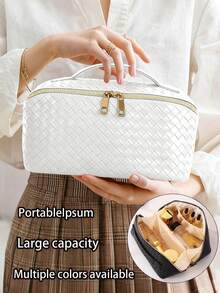 1个女士奢华高端化妆包,编织纹理PU皮革防水洗漱包,便携式化妆品收纳包,大容量旅行配件包,化妆包,化妆袋,旅行化妆包,家用化妆包,学生化妆包,宿舍化妆包,旅行必备,过夜包,多功能包,伴侣包,情人节礼物,送给她的最佳礼物,化妆间装饰 - 彩色 - 查看 15