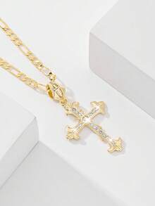 1件经典欧美设计铜镶嵌锆石大叶十字架耶稣吊坠项链，限量版，适合作为圣诞节/感恩节/万圣节/母亲节/情人节礼物送给情侣/朋友/信徒，天主教初领圣体礼，日常及节日佩戴，祈祷。 - 金黃色 - 查看 1