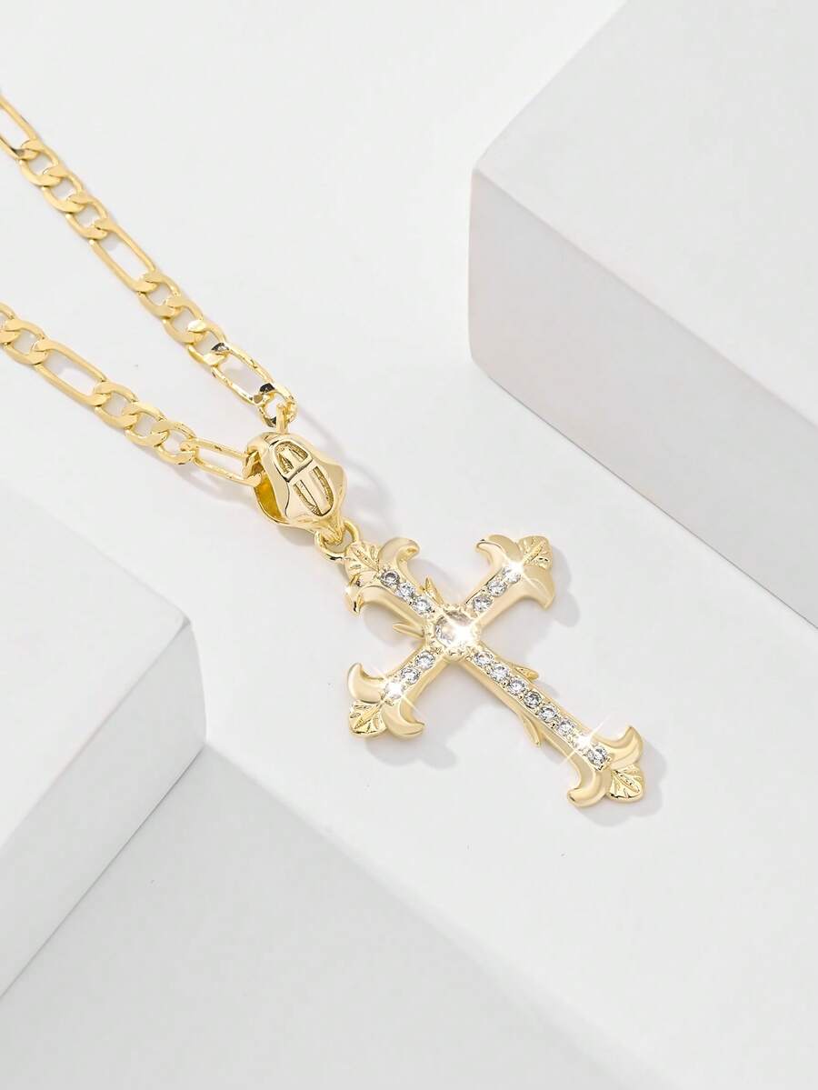 1件经典欧美设计铜镶嵌锆石大叶十字架耶稣吊坠项链，限量版，适合作为圣诞节/感恩节/万圣节/母亲节/情人节礼物送给情侣/朋友/信徒，天主教初领圣体礼，日常及节日佩戴，祈祷。 - 金黃色 - 查看 1