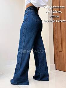SJD MODA LADY Mom Jeans Wide Leg Simple Casual Pants Without Lycra Hem Cut Ripped - 深色水洗藍 - 查看 1