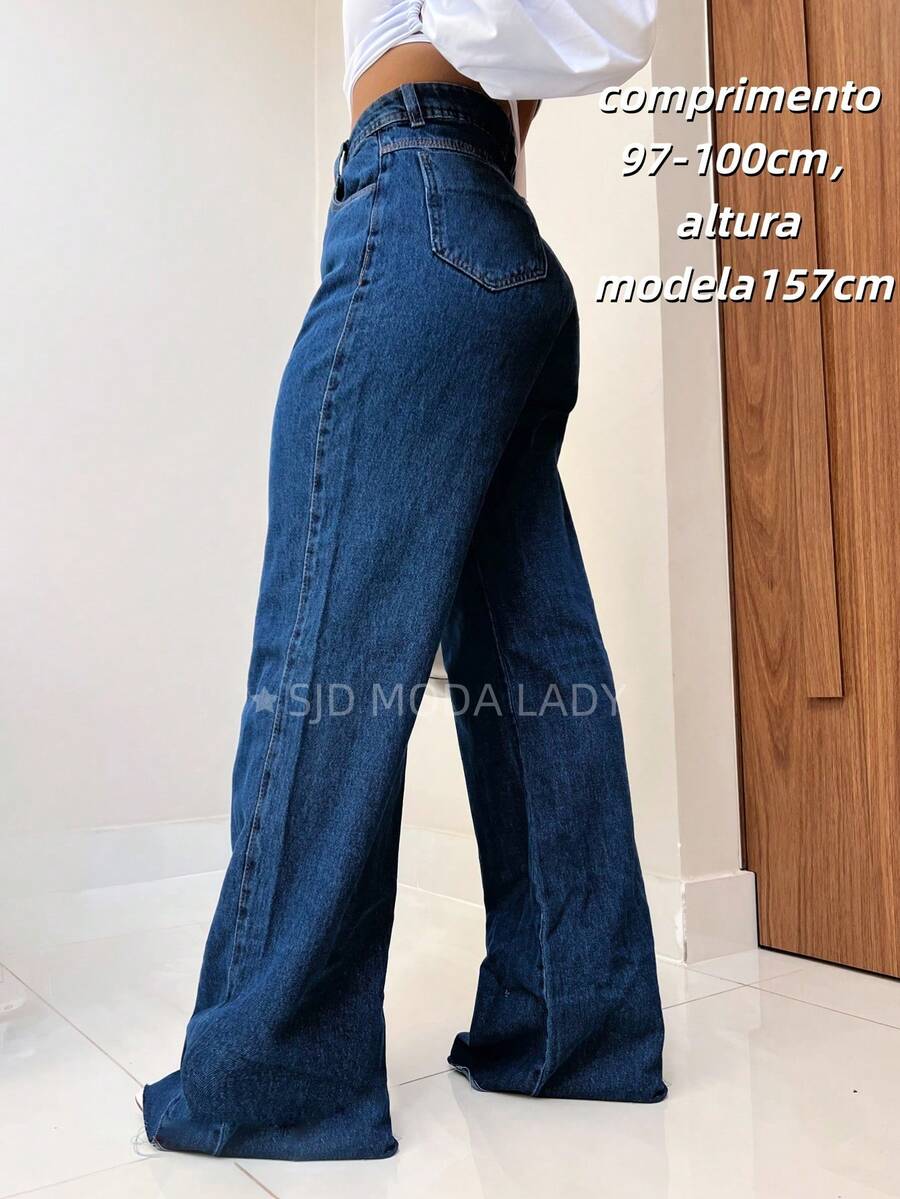 SJD MODA LADY Mom Jeans Wide Leg Simple Casual Pants Without Lycra Hem Cut Ripped - 深色水洗藍 - 查看 1