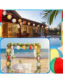 6pcs Beach Ball & Paper Lantern Decor - Summer Hawaiian Theme Hanging Decorations Suitable For Home, Birthday, Outdoor, Indoor, Office - Multicolor - View 6