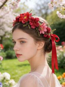1件欧美风格人造花发箍，用途广泛，可用作新娘头饰、旅行摄影道具、节日造型、摄影拍摄和日常时尚点缀。 - 紅色 - 查看 4