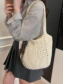 夏季海滩度假手提包，2023新款设计，大容量镂空编织单肩包，通勤两用 - 米色 - 查看 4