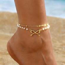 1pc Women's Minimalist Geometric Design Double-Layer Pearl Bow Anklet Accessory - Multicolor - View 5